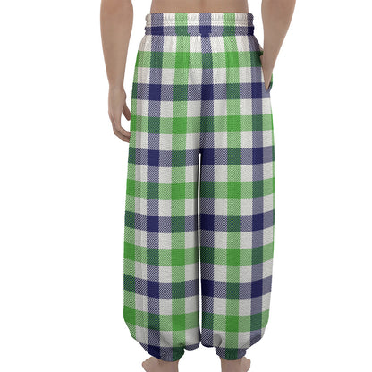 White Navy And Green Plaid Print Lantern Pants