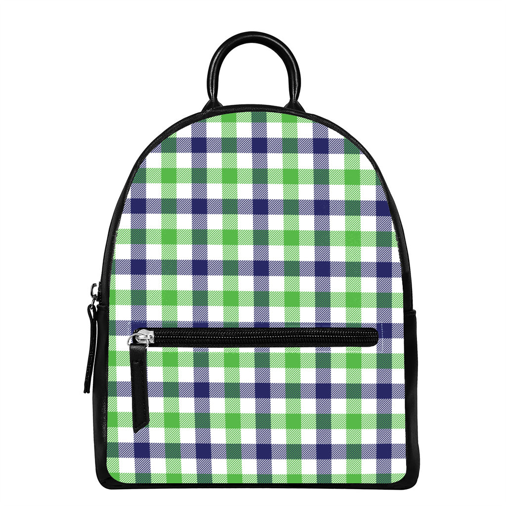 White Navy And Green Plaid Print Leather Backpack