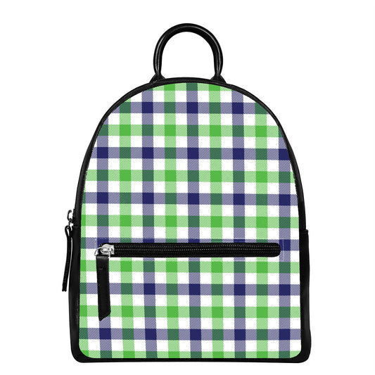 White Navy And Green Plaid Print Leather Backpack