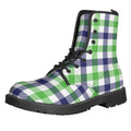 White Navy And Green Plaid Print Lace-Up Boots