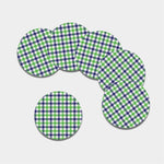 White Navy And Green Plaid Print Leather Coaster Set