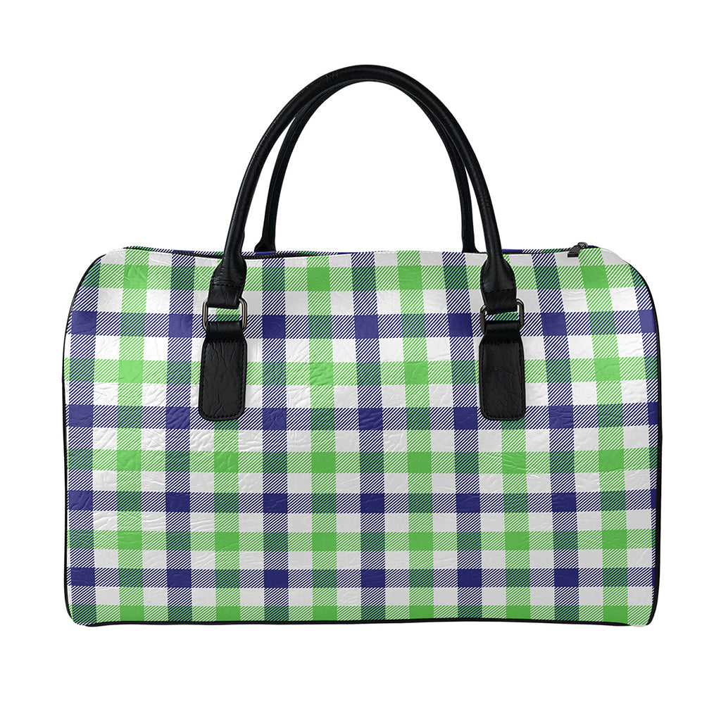White Navy And Green Plaid Print Leather Duffle Bag