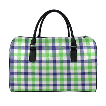 White Navy And Green Plaid Print Leather Duffle Bag