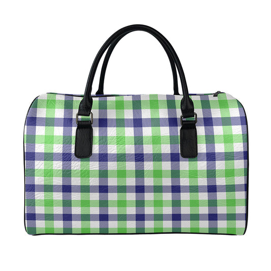 White Navy And Green Plaid Print Leather Duffle Bag