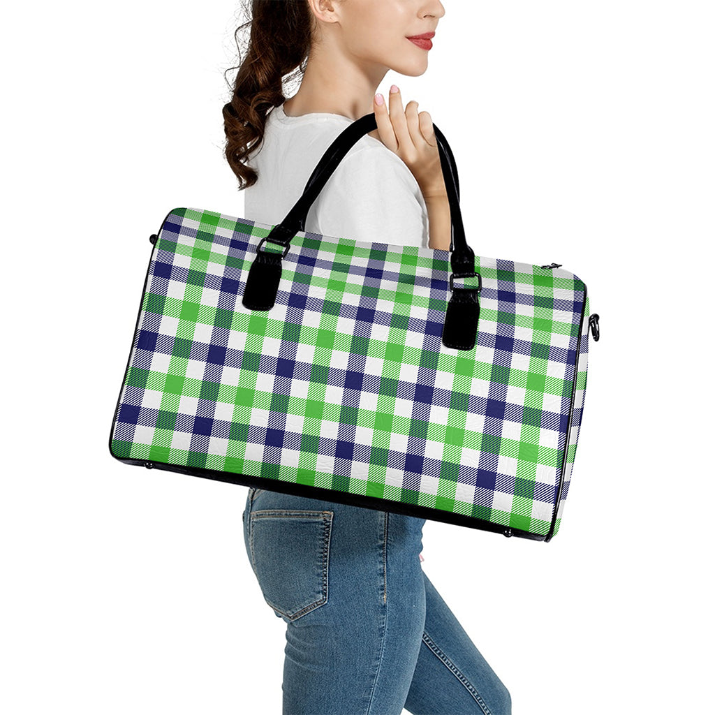 White Navy And Green Plaid Print Leather Duffle Bag