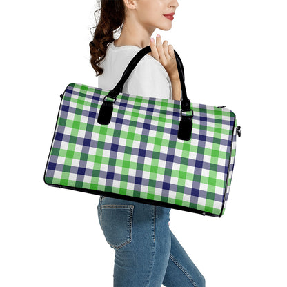 White Navy And Green Plaid Print Leather Duffle Bag
