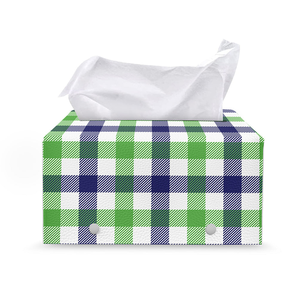 White Navy And Green Plaid Print Leather Tissue Box Cover