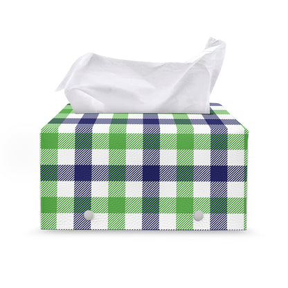 White Navy And Green Plaid Print Leather Tissue Box Cover