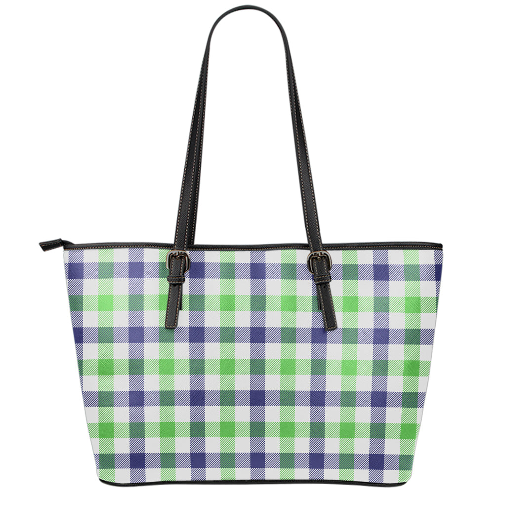 White Navy And Green Plaid Print Leather Tote Bag