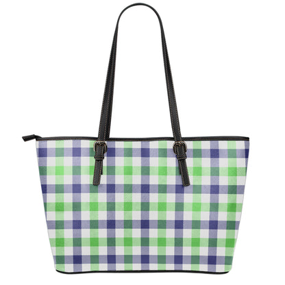 White Navy And Green Plaid Print Leather Tote Bag