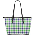 White Navy And Green Plaid Print Leather Tote Bag
