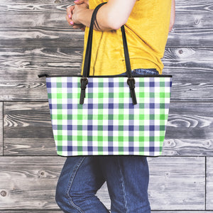 White Navy And Green Plaid Print Leather Tote Bag