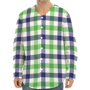 White Navy And Green Plaid Print Long Sleeve Baseball Jersey