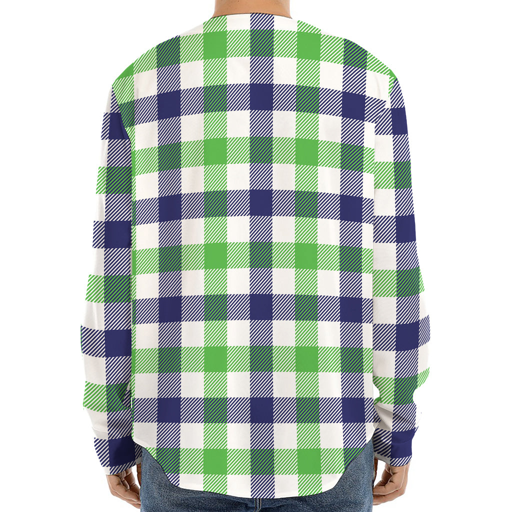 White Navy And Green Plaid Print Long Sleeve Baseball Jersey