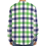 White Navy And Green Plaid Print Long Sleeve Baseball Jersey