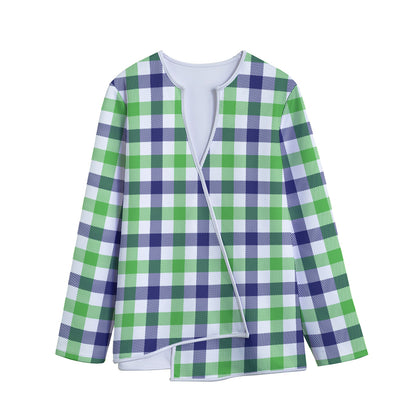 White Navy And Green Plaid Print Long Sleeve Short Coat