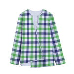 White Navy And Green Plaid Print Long Sleeve Short Coat