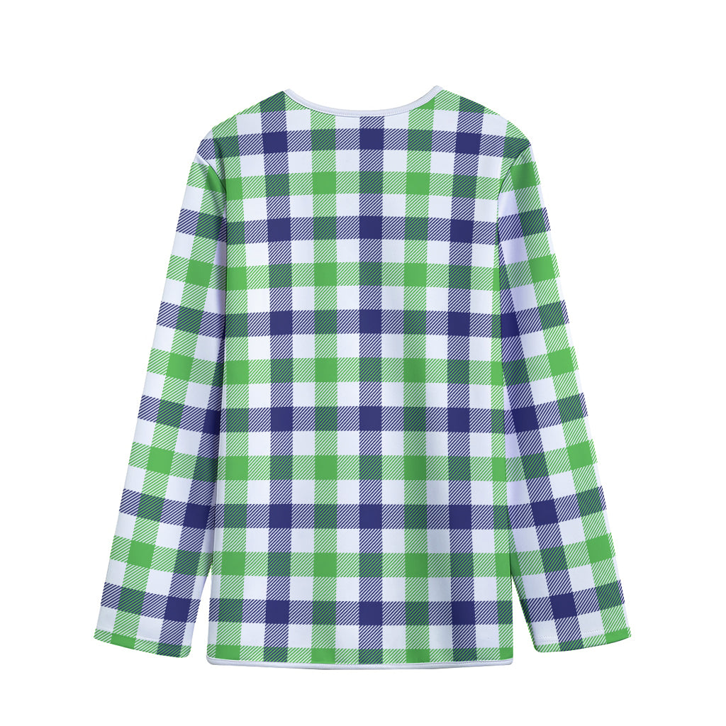 White Navy And Green Plaid Print Long Sleeve Short Coat