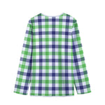 White Navy And Green Plaid Print Long Sleeve Short Coat