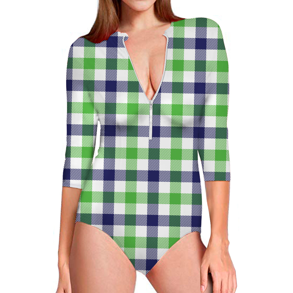 White Navy And Green Plaid Print Long Sleeve Swimsuit