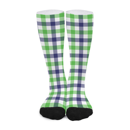 White Navy And Green Plaid Print Long Socks