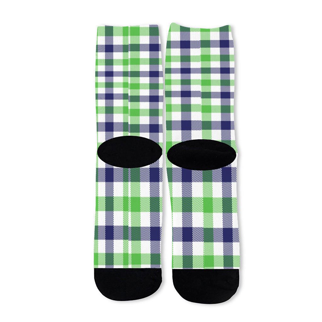 White Navy And Green Plaid Print Long Socks