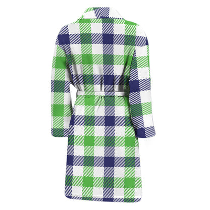 White Navy And Green Plaid Print Men's Bathrobe