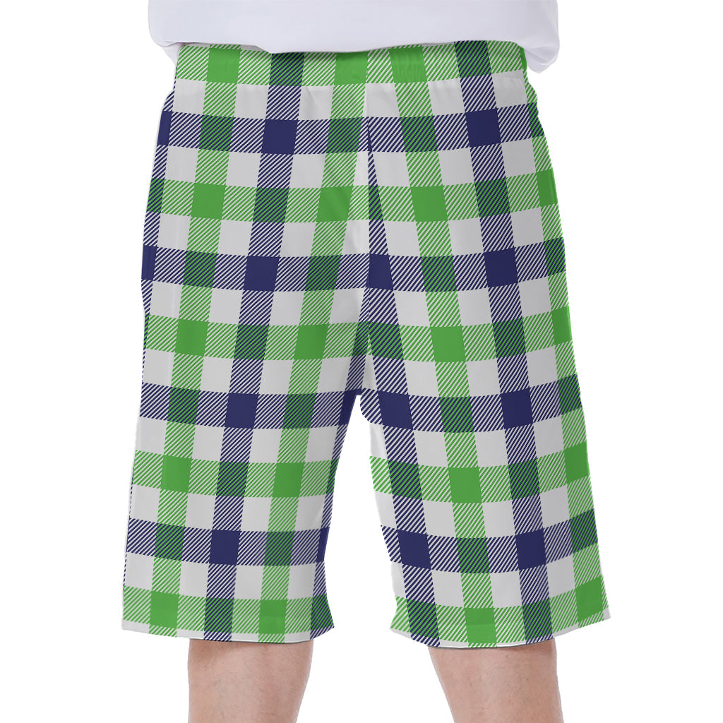 White Navy And Green Plaid Print Men's Beach Shorts