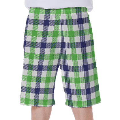 White Navy And Green Plaid Print Men's Beach Shorts