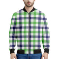 White Navy And Green Plaid Print Men's Bomber Jacket