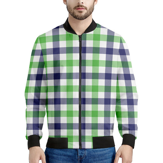 White Navy And Green Plaid Print Men's Bomber Jacket