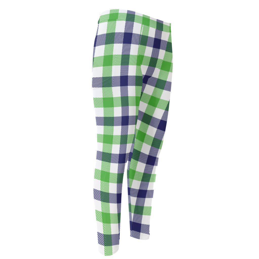 White Navy And Green Plaid Print Men's Compression Pants