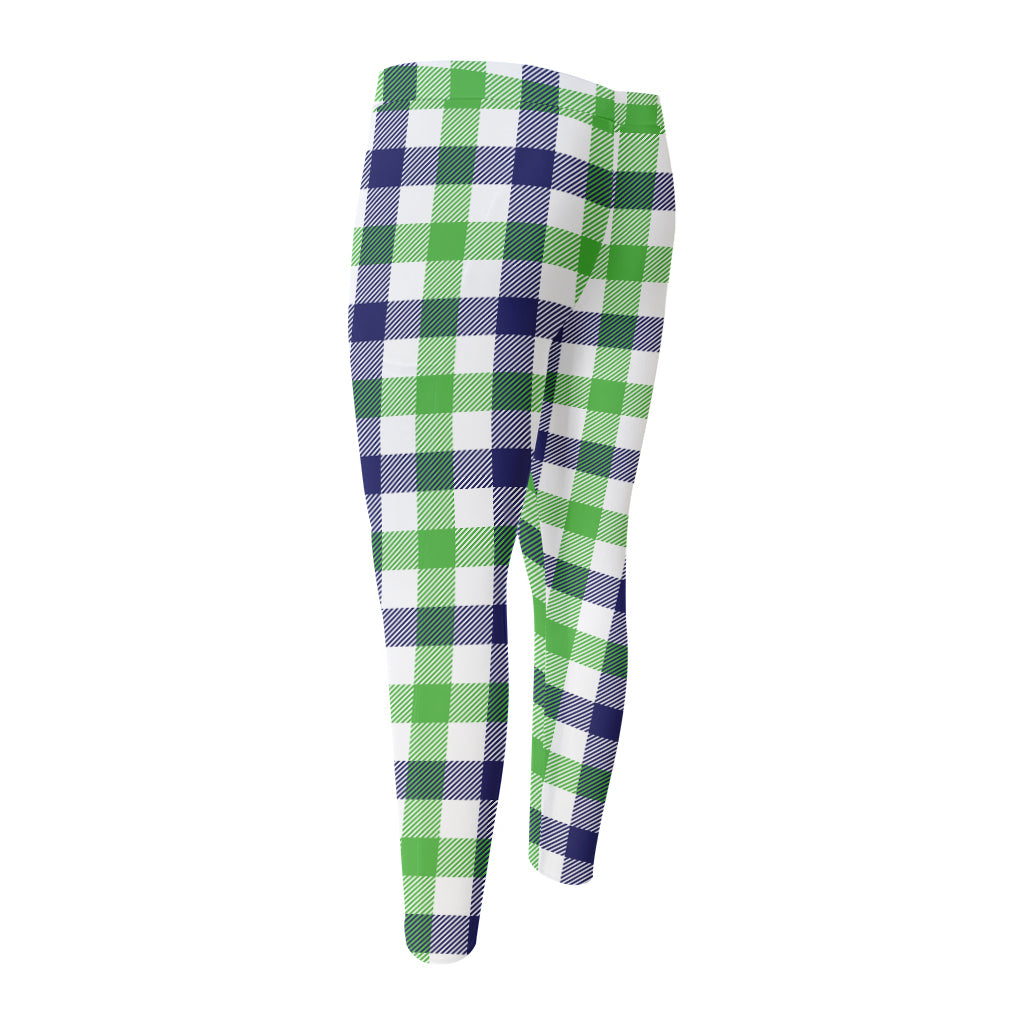 White Navy And Green Plaid Print Men's Compression Pants