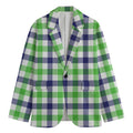 White Navy And Green Plaid Print Men's Cotton Blazer