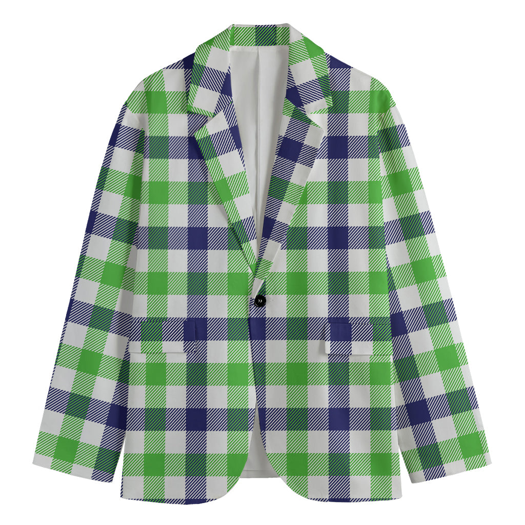 White Navy And Green Plaid Print Men's Cotton Blazer