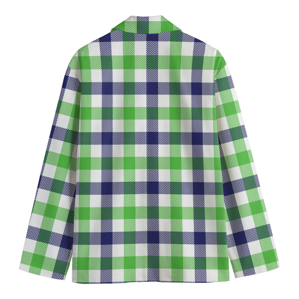 White Navy And Green Plaid Print Men's Cotton Blazer