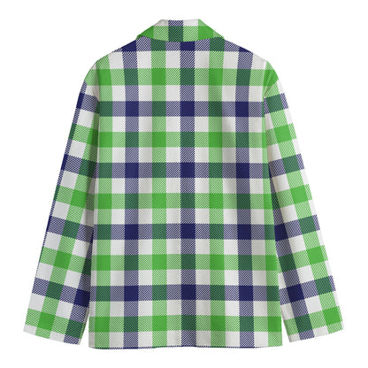 White Navy And Green Plaid Print Men's Cotton Blazer