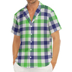 White Navy And Green Plaid Print Men's Deep V-Neck Shirt