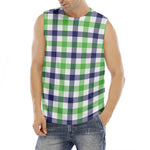 White Navy And Green Plaid Print Men's Fitness Tank Top
