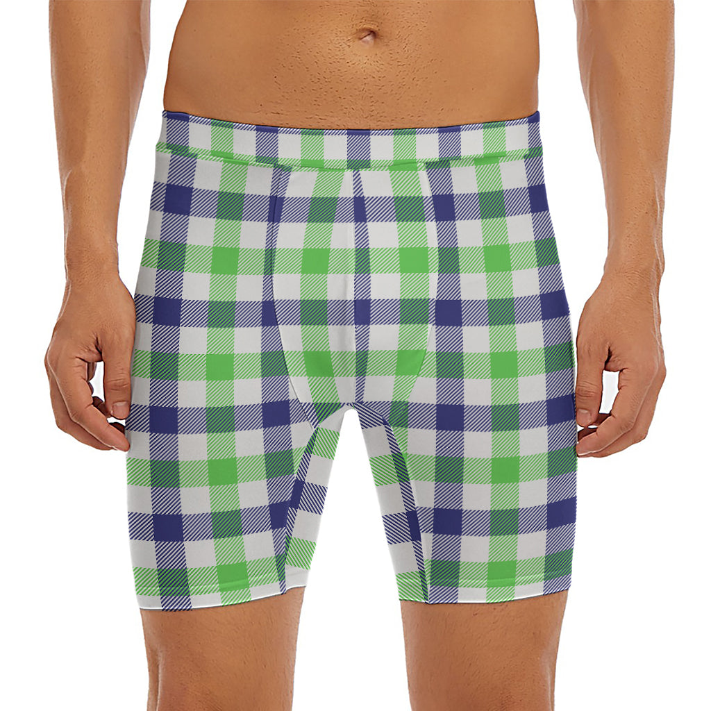White Navy And Green Plaid Print Men's Long Boxer Briefs