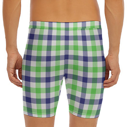 White Navy And Green Plaid Print Men's Long Boxer Briefs
