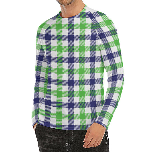 White Navy And Green Plaid Print Men's Long Sleeve Rash Guard