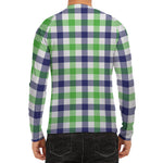 White Navy And Green Plaid Print Men's Long Sleeve Rash Guard