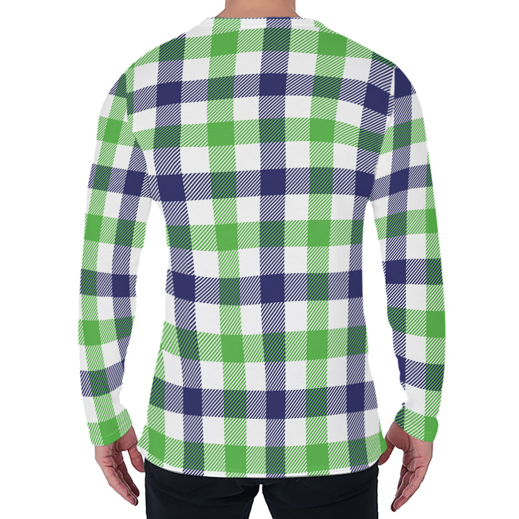 White Navy And Green Plaid Print Men's Long Sleeve T-Shirt