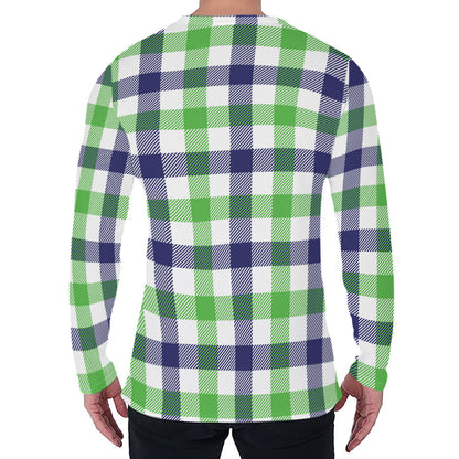 White Navy And Green Plaid Print Men's Long Sleeve T-Shirt