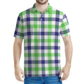 White Navy And Green Plaid Print Men's Polo Shirt