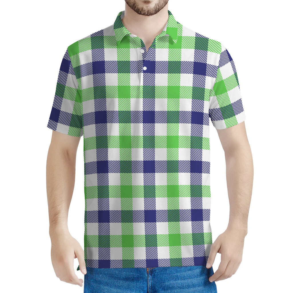 White Navy And Green Plaid Print Men's Polo Shirt