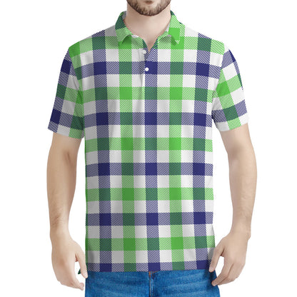 White Navy And Green Plaid Print Men's Polo Shirt