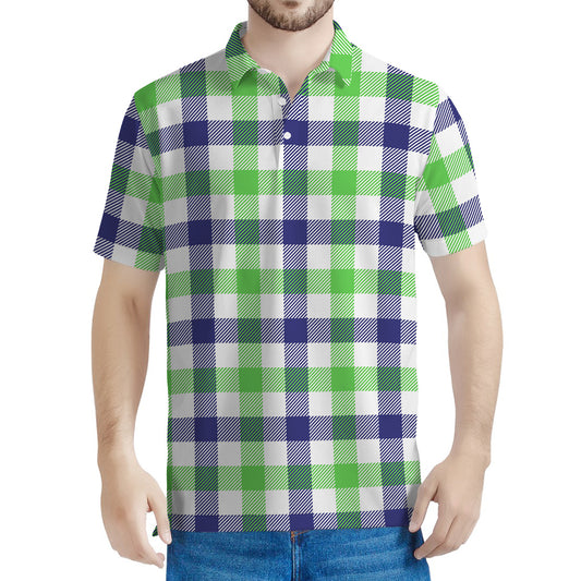 White Navy And Green Plaid Print Men's Polo Shirt