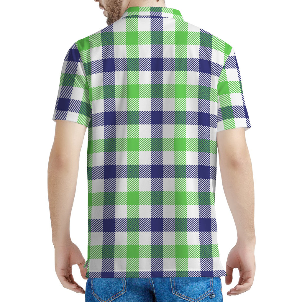 White Navy And Green Plaid Print Men's Polo Shirt
